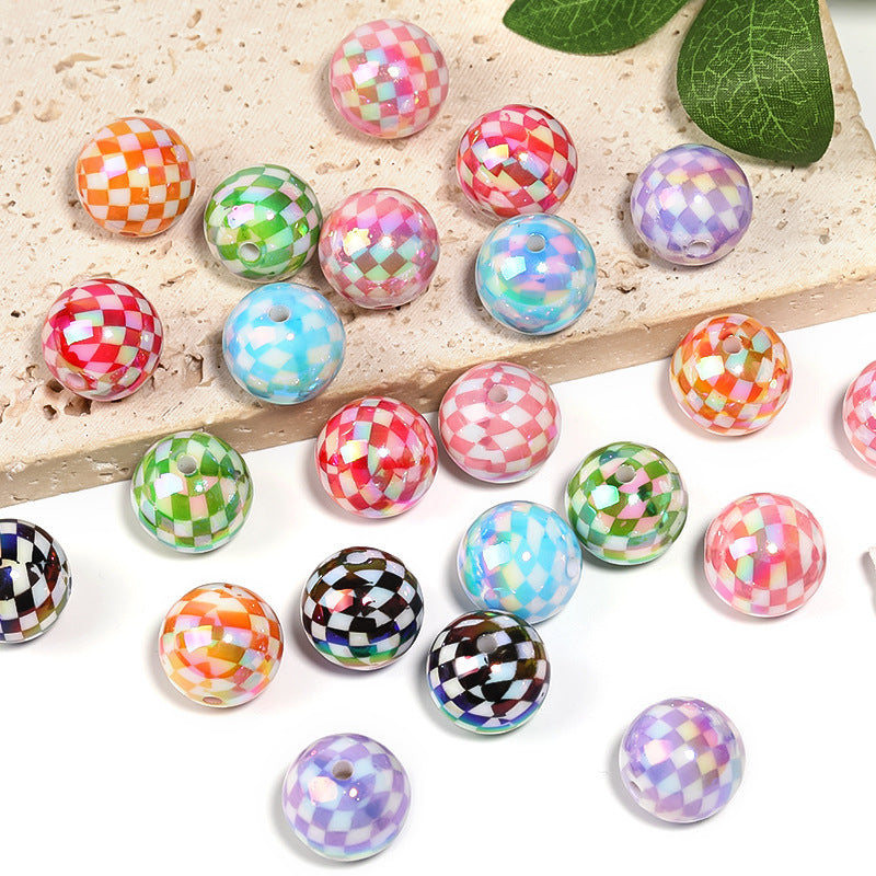 Wholesale Colorful Houndstooth Pattern Printed Beads Striped Plaid Acrylic Round Beads